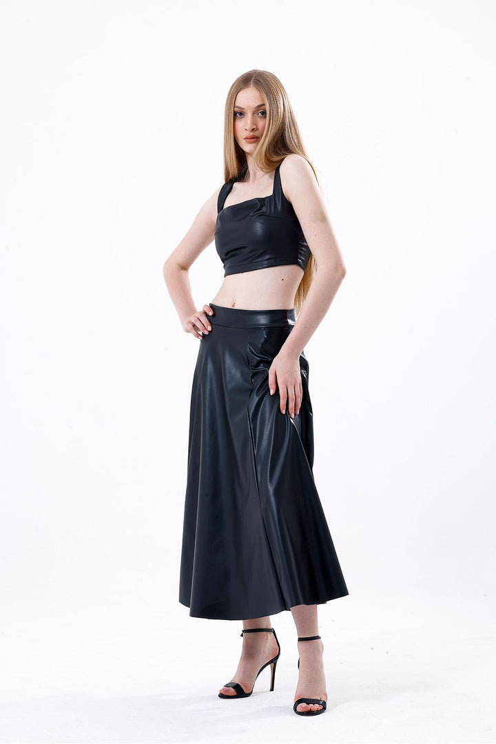 SNS Sense Black Wide Belted Faux Leather Flared Skirt - Exeter