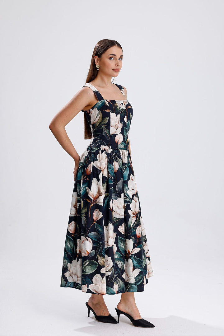 SNS White Flower Patterned Waist Belted Front Buttoned Flower Patterned Long Dress - Fuquay-Varina