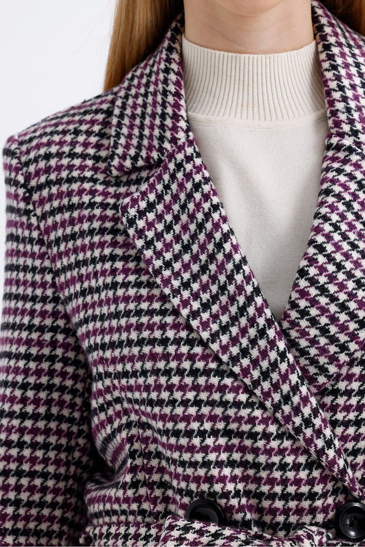 SNS Black Purple Goose Foot Lined Front Buttoned Belted Goose Foot Long Coat - Meaux