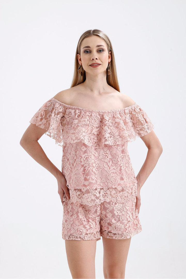SNS Sense Powder Ruffle Detailed Lined Lace Blouse - Unna