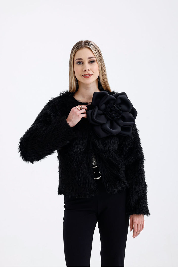 SNS Sense Black Gardenia Detailed Faux Fur Evening Jacket - Gulfport