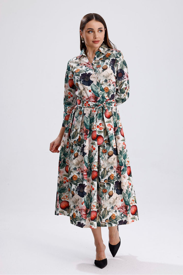 SNS Mixed Flower Patterned Buttoned Front Mixed Flower Printed Long Dress - Victorville