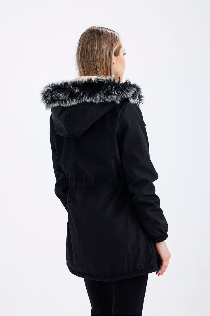 SNS Sense Black-Beige Fur Hooded Belted Elastic Cuffed Pocketed Snap Fastened Coat - Addison