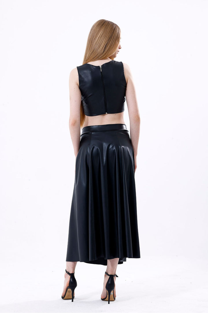SNS Sense Black Wide Belted Faux Leather Flared Skirt - Exeter