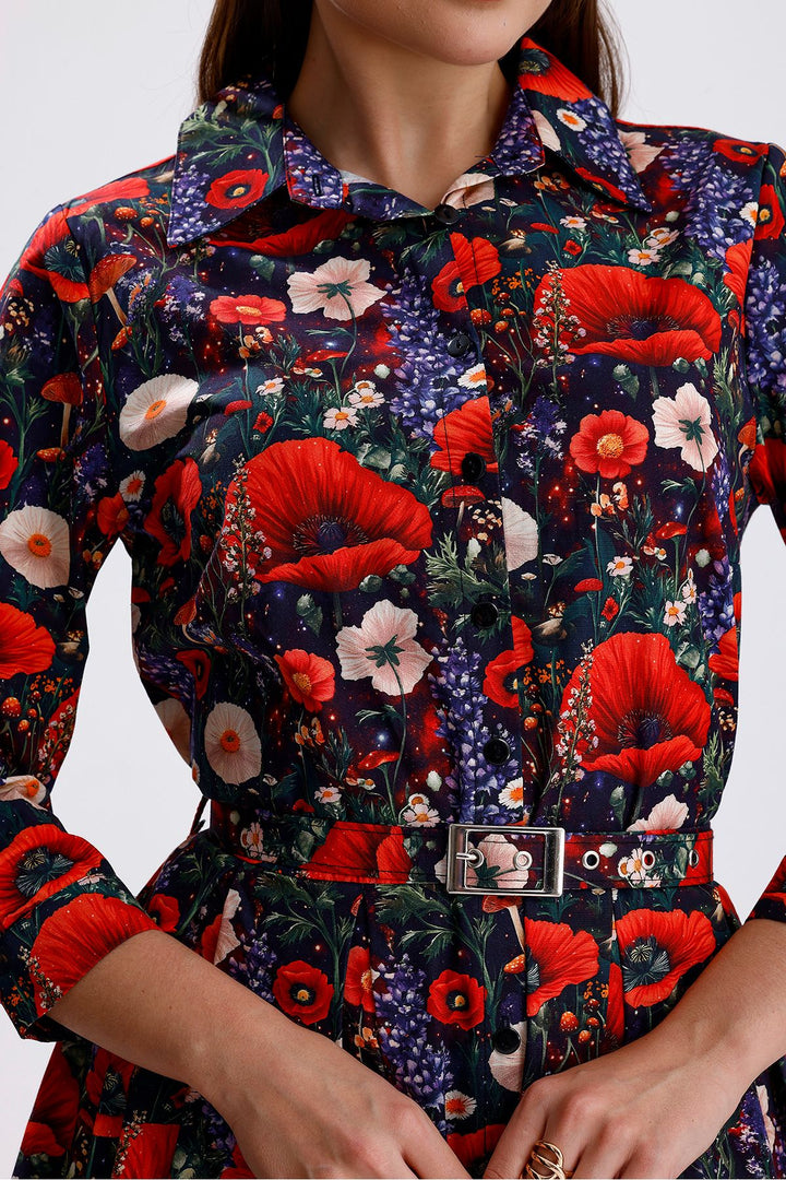 SNS Sense Flower Patterned Side Pocketed Belted Front Buttoned Long Dress - Lake Havasu City