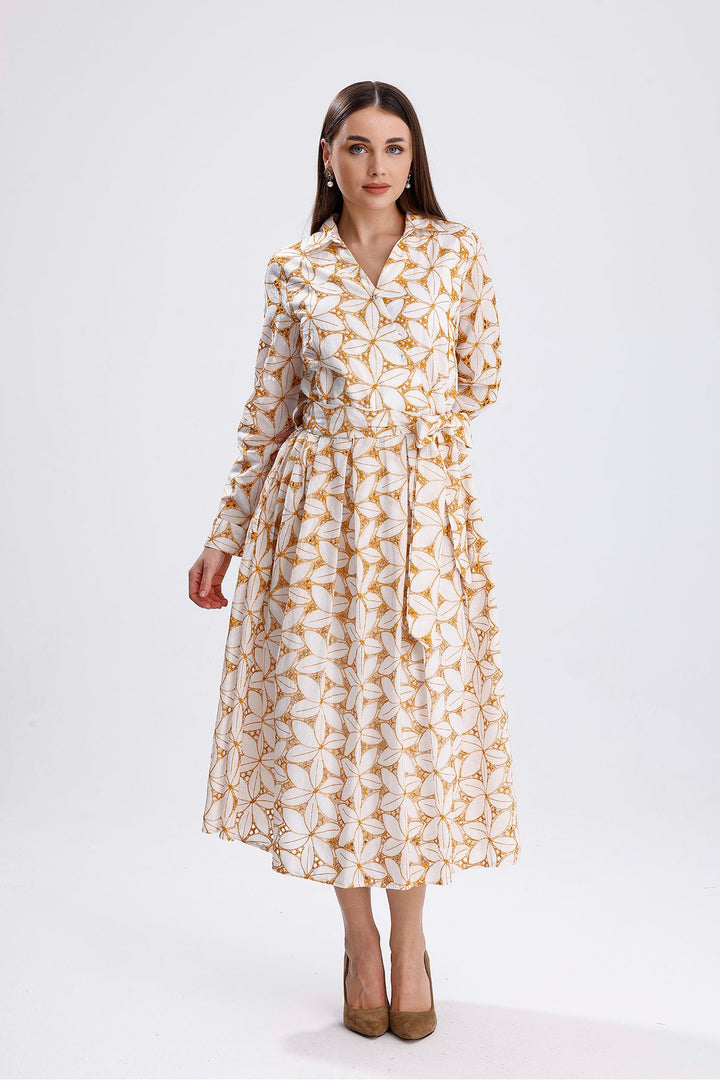 SNS Sense Ecru Saffron Waist Belted Buttoned Cardigan Dress - Granadilla de Abona