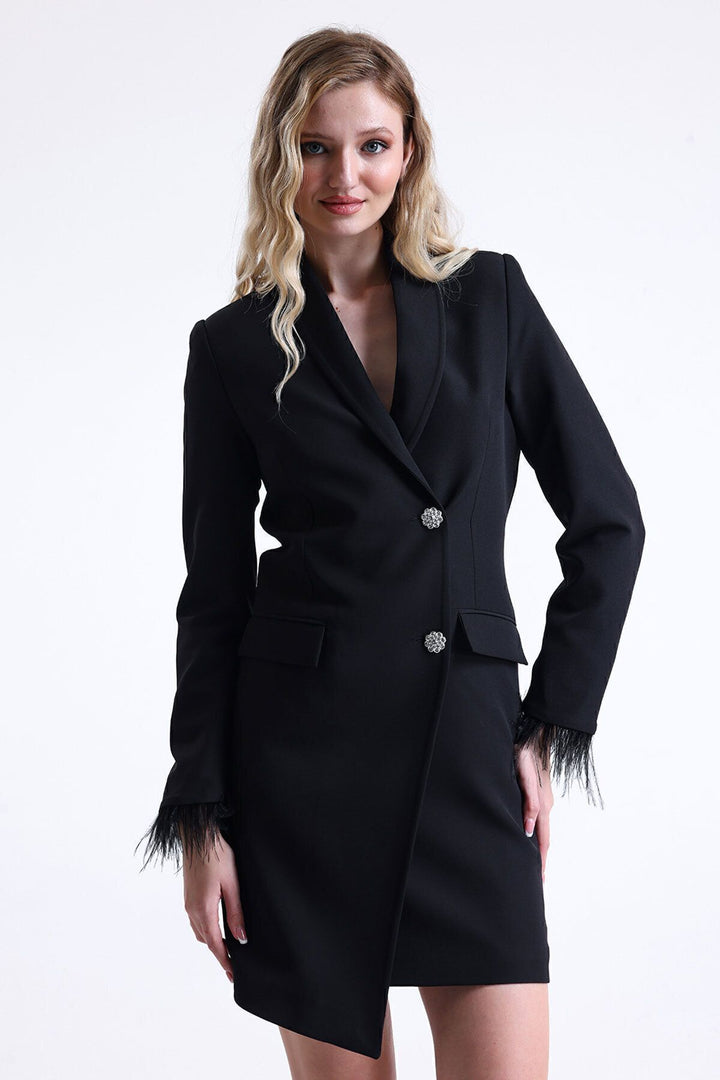 SNS Sense Black Lined Back Zipper Detailed Double-Breasted Jacket - Villajoyosa
