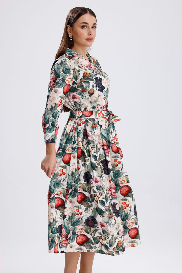SNS Mixed Flower Patterned Buttoned Front Mixed Flower Printed Long Dress - Victorville