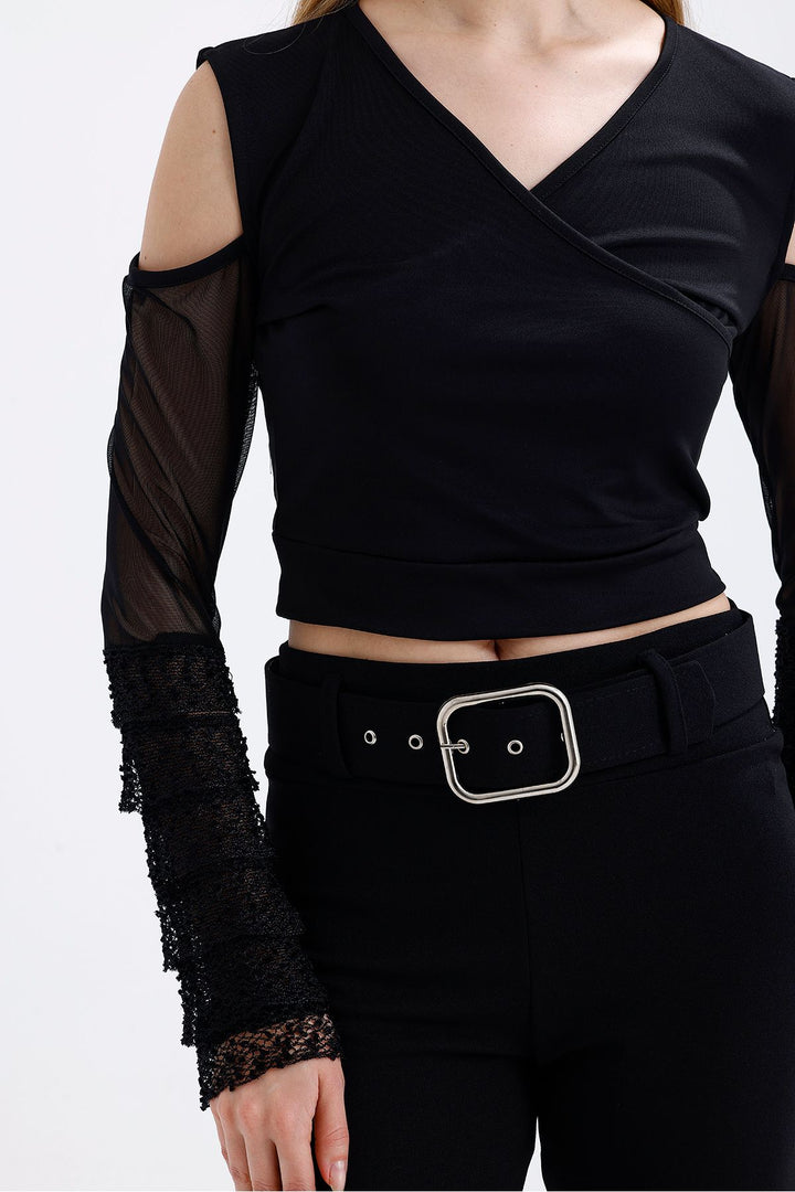 SNS Black Wrap Neck Collar Sleeves Tulle and Ruffled Open Shoulder Blouse - Denton