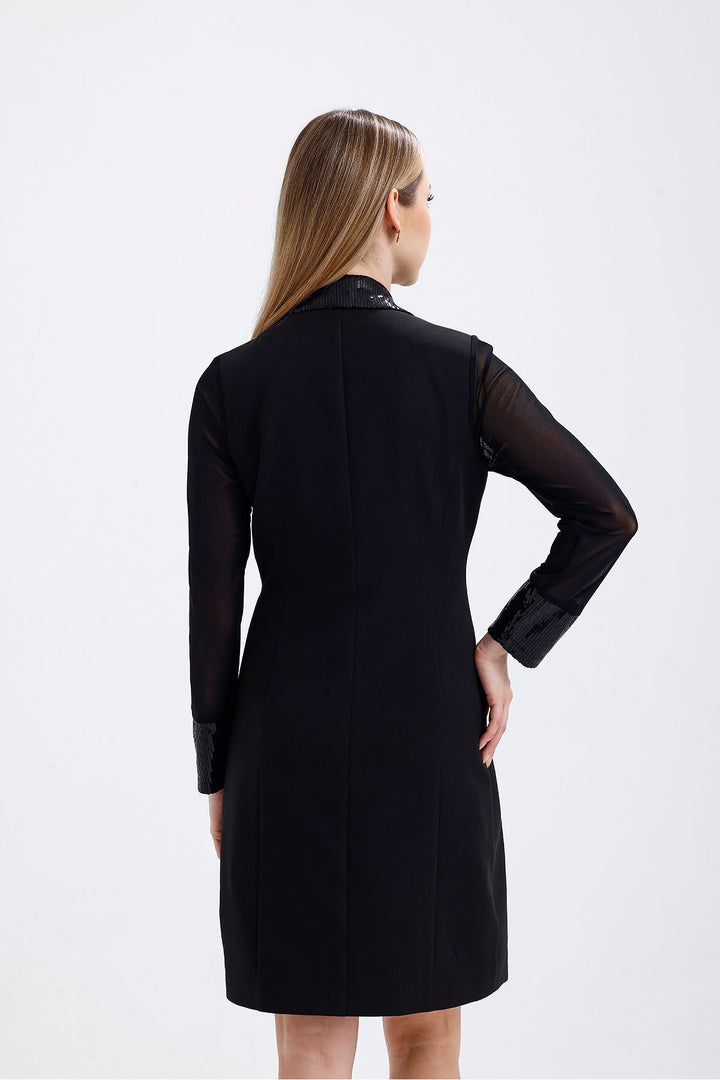 SNS Sense Black Sequin Detailed Evening Jacket Dress - Meridian