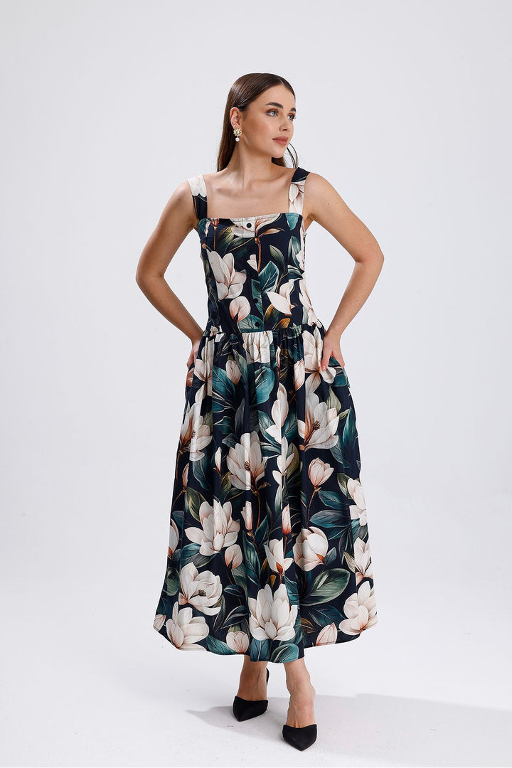 SNS White Flower Patterned Waist Belted Front Buttoned Flower Patterned Long Dress - Fuquay-Varina