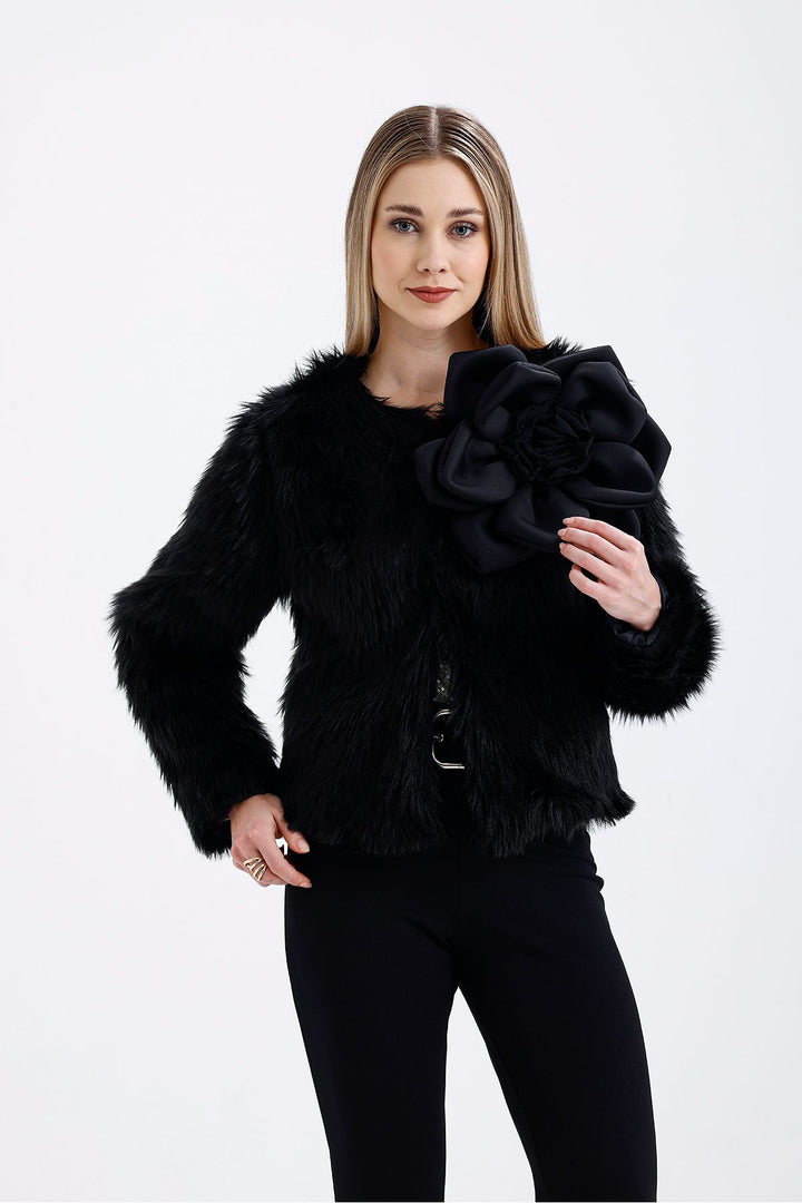 SNS Sense Black Gardenia Detailed Faux Fur Evening Jacket - Gulfport