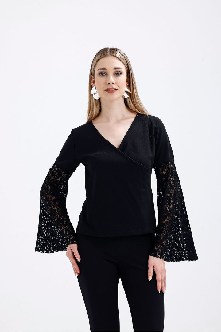 SNS Black Wrap Neck Collar Sleeves Tulle and Ruffled Open Shoulder Blouse - Denton