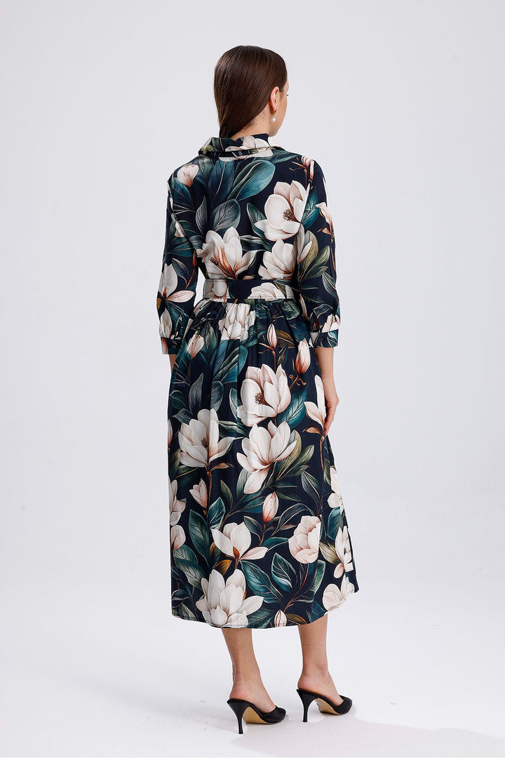 SNS White Flowered Green Ground White Flowered Front Buttoned Long Dress - Mieres
