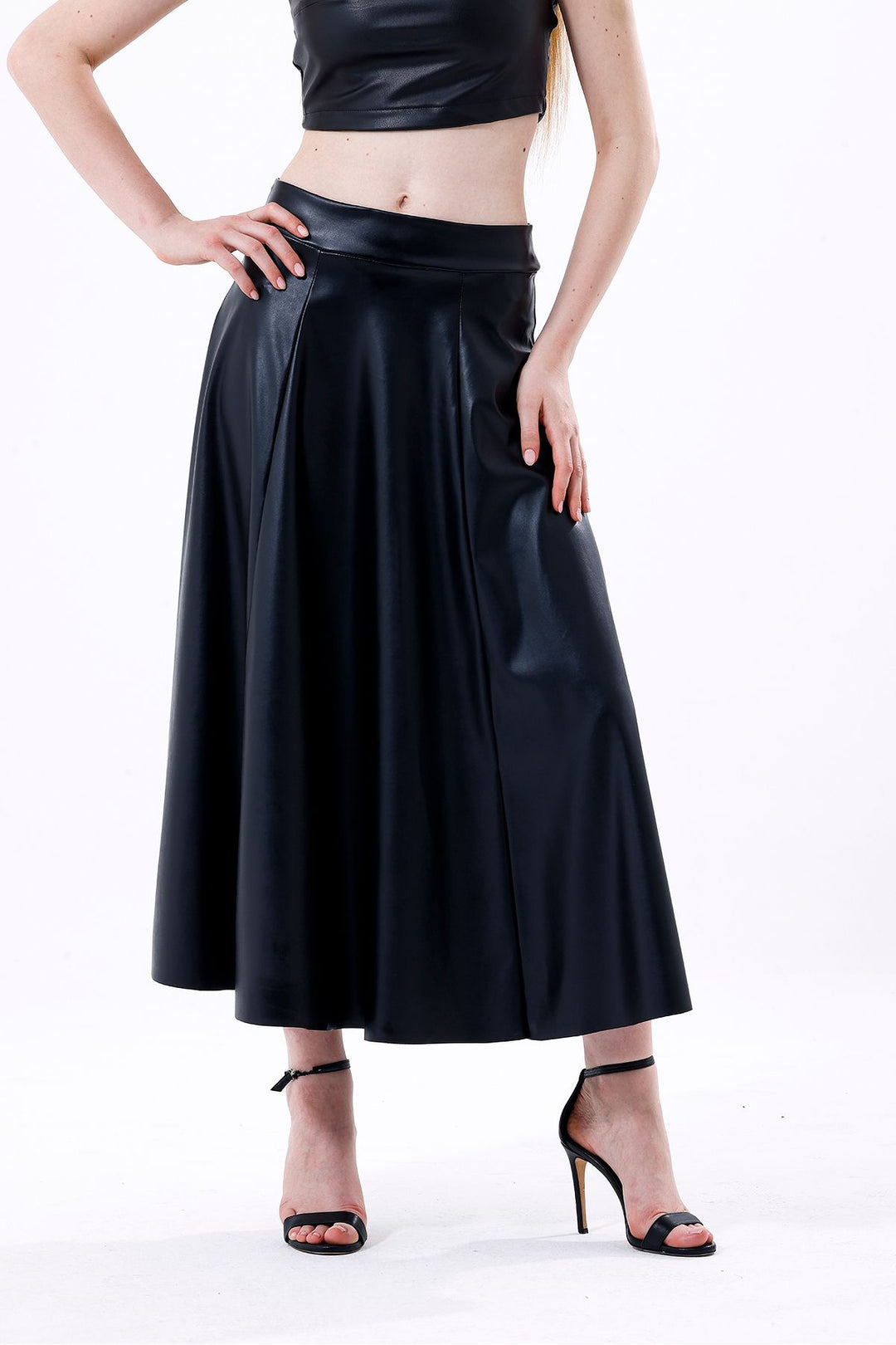 SNS Sense Black Wide Belted Faux Leather Flared Skirt - Exeter