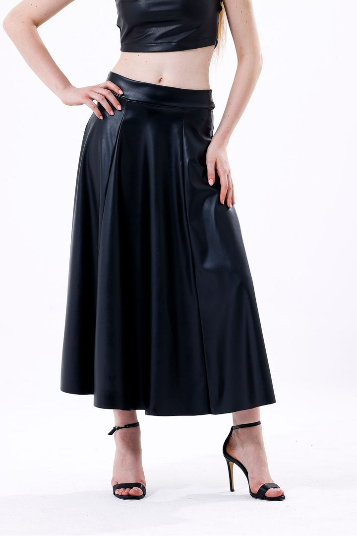 SNS Sense Black Wide Belted Faux Leather Flared Skirt - Exeter
