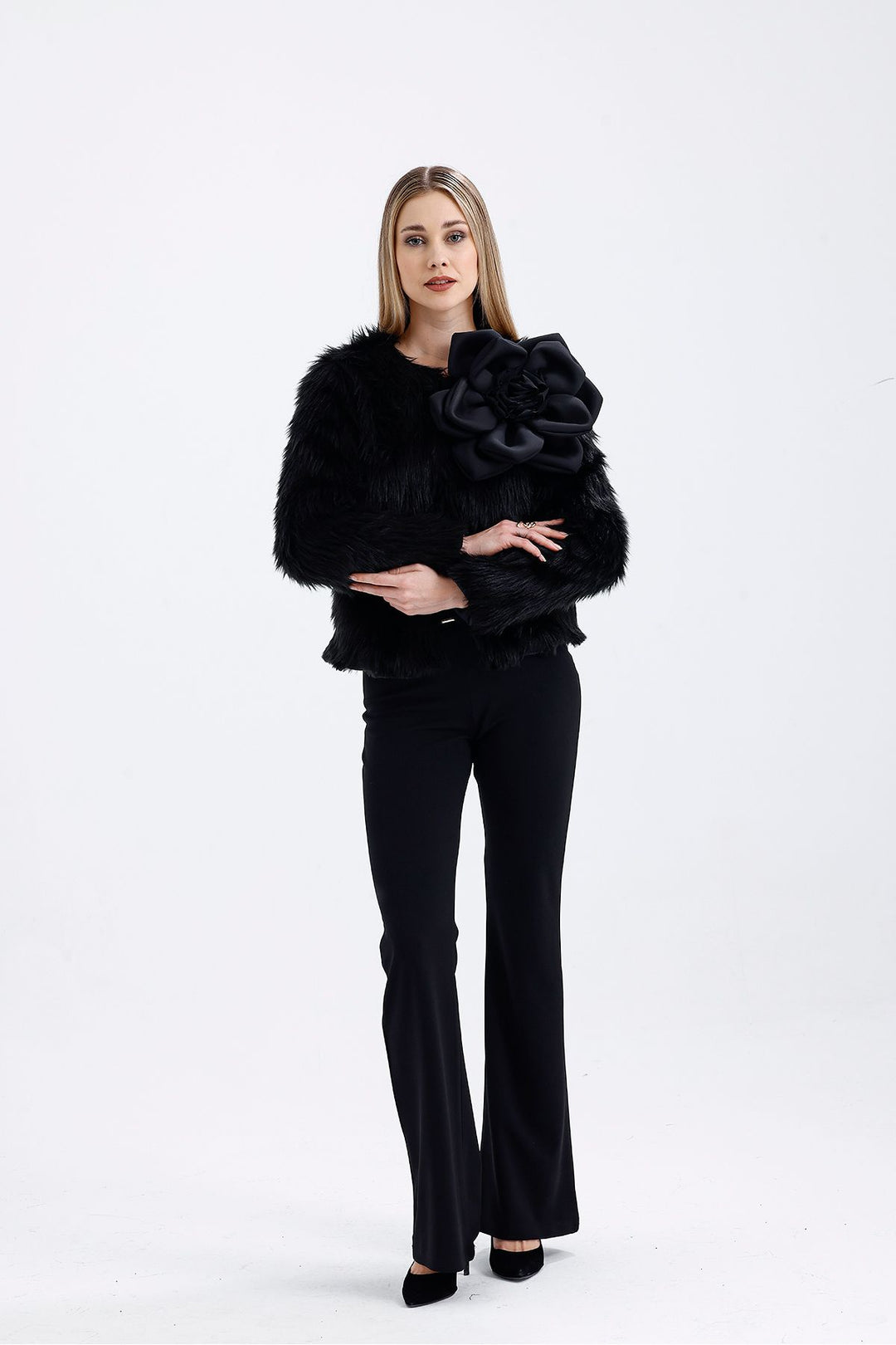 SNS Sense Black Gardenia Detailed Faux Fur Evening Jacket - Gulfport