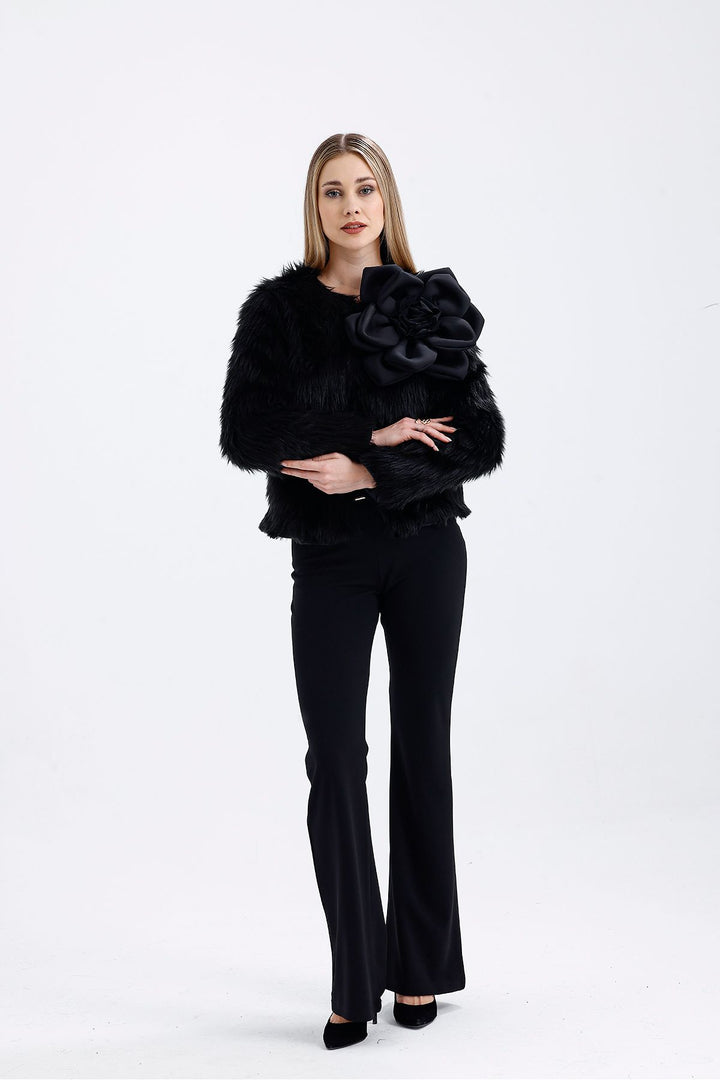 SNS Sense Black Gardenia Detailed Faux Fur Evening Jacket - Gulfport
