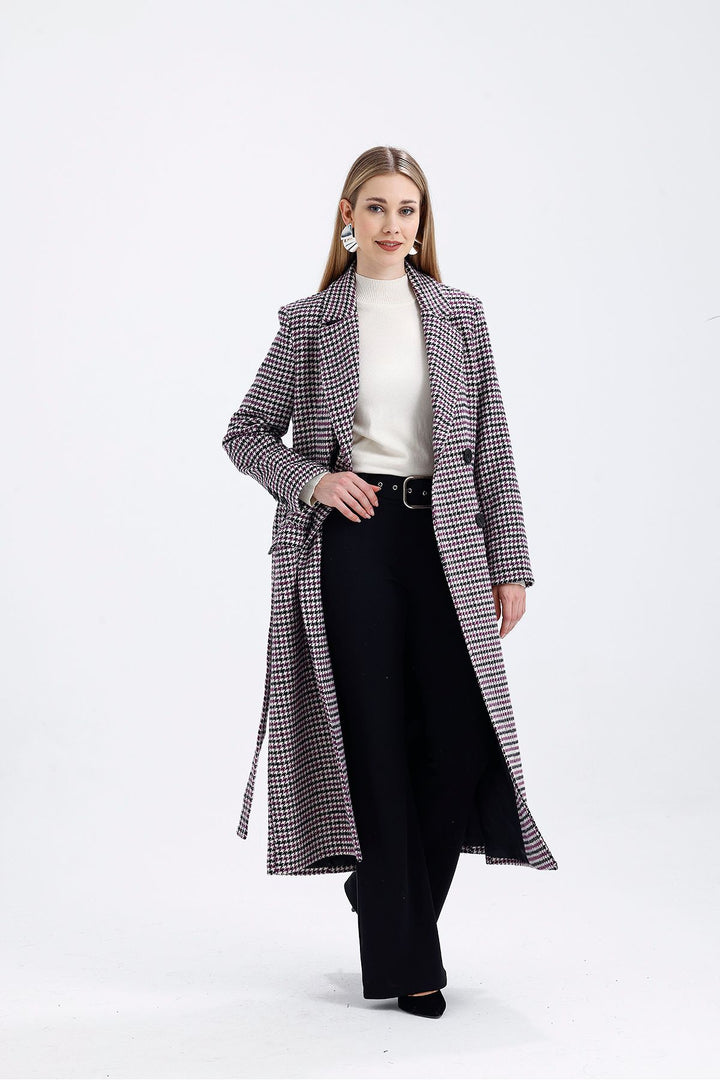 SNS Black Purple Goose Foot Lined Front Buttoned Belted Goose Foot Long Coat - Meaux