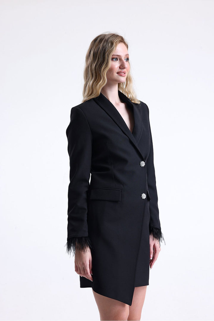 SNS Sense Black Lined Back Zipper Detailed Double-Breasted Jacket - Villajoyosa