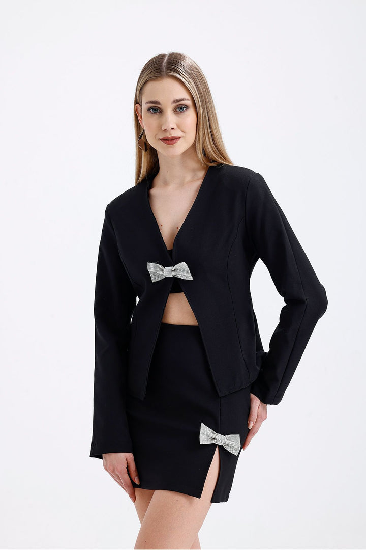 SNS Sense Black Stone Detailed Evening Skirt Lined Jacket Suit - Fréjus