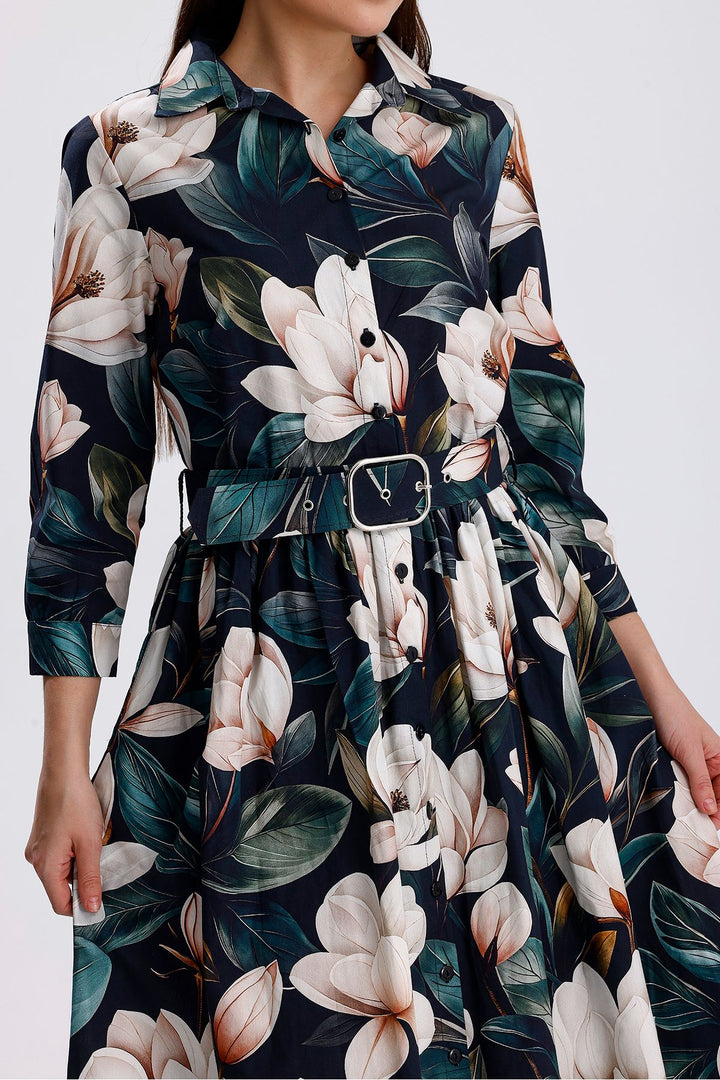 SNS White Flowered Green Ground White Flowered Front Buttoned Long Dress - Mieres