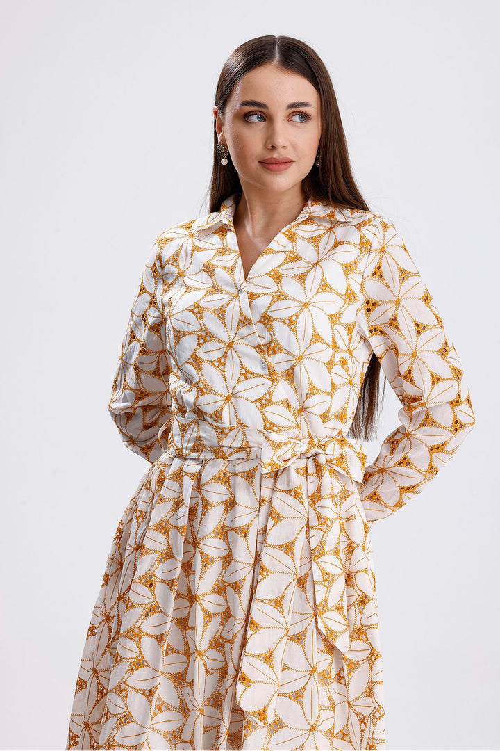 SNS Sense Ecru Saffron Waist Belted Buttoned Cardigan Dress - Granadilla de Abona
