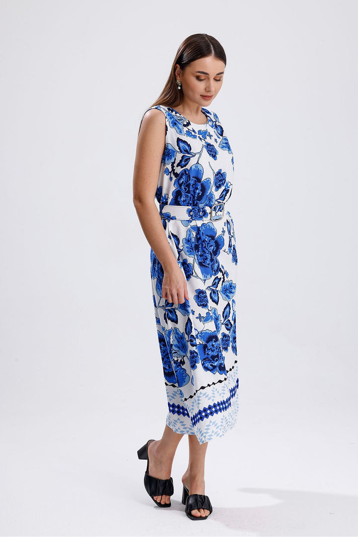 SNS Sense Blue Patterned Belted Collar Back Buttoned Sleeveless Woven Viscose Dress - Siegburg