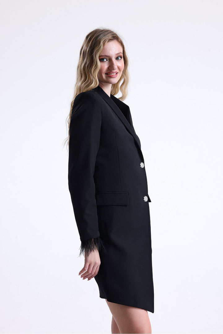SNS Sense Black Lined Back Zipper Detailed Double-Breasted Jacket - Villajoyosa