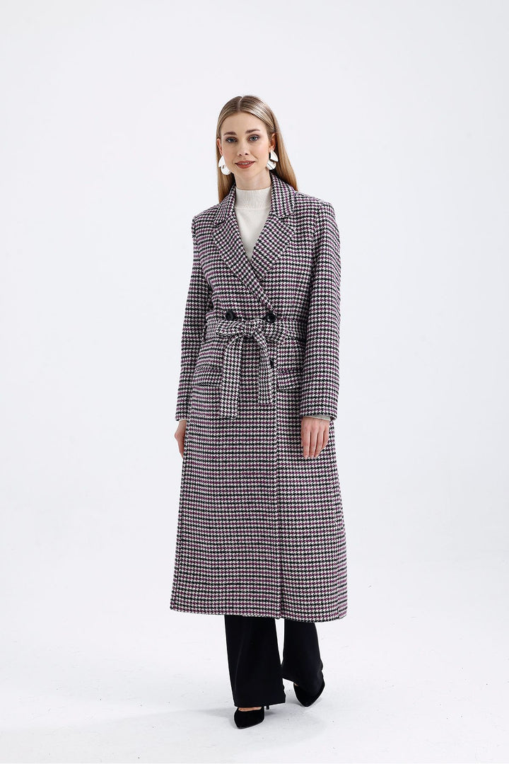 SNS Black Purple Goose Foot Lined Front Buttoned Belted Goose Foot Long Coat - Meaux