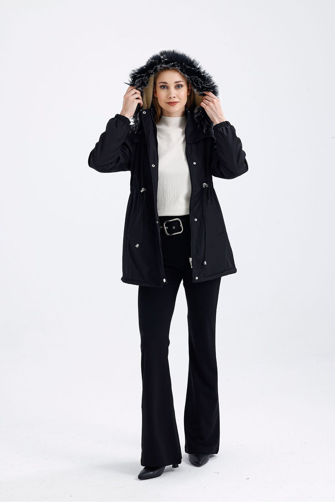 SNS Sense Black-Beige Fur Hooded Belted Elastic Cuffed Pocketed Snap Fastened Coat - Addison