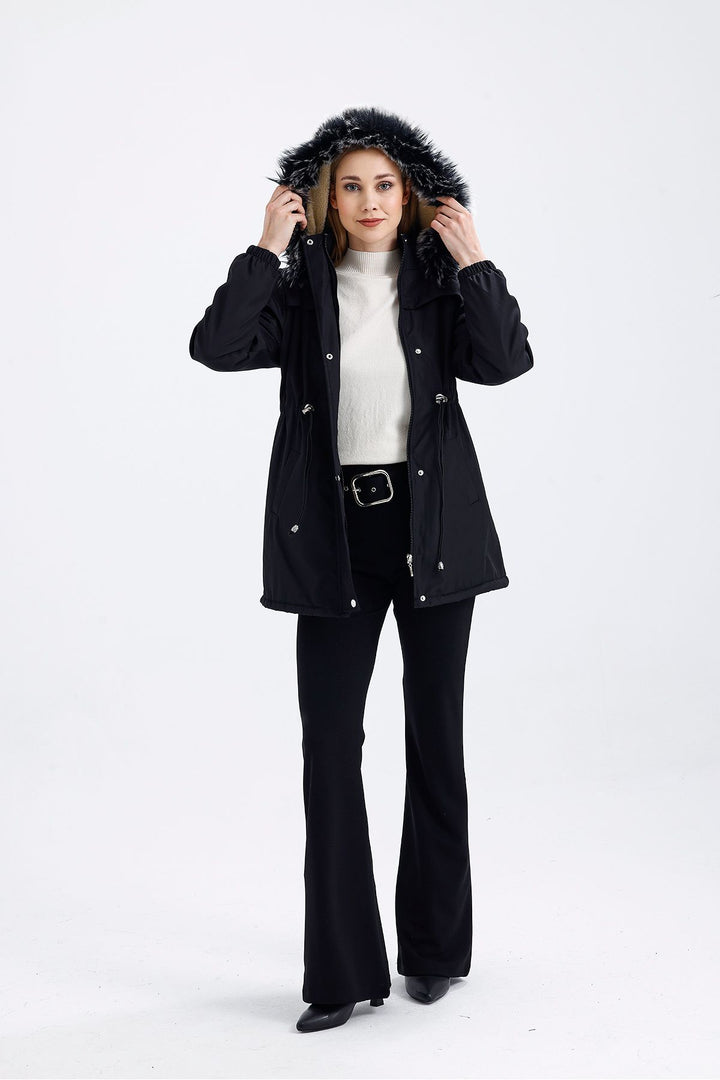 SNS Sense Black-Beige Fur Hooded Belted Elastic Cuffed Pocketed Snap Fastened Coat - Addison