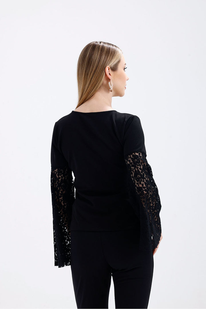 SNS Black Wrap Neck Collar Sleeves Tulle and Ruffled Open Shoulder Blouse - Denton