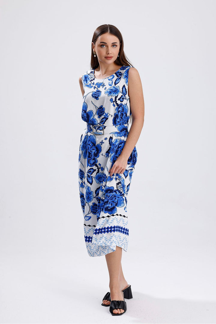 SNS Sense Blue Patterned Belted Collar Back Buttoned Sleeveless Woven Viscose Dress - Siegburg