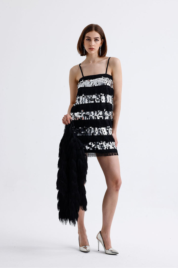 SNS Sense Black Lined Sequined Strappy Evening Dress - Pátzcuaro