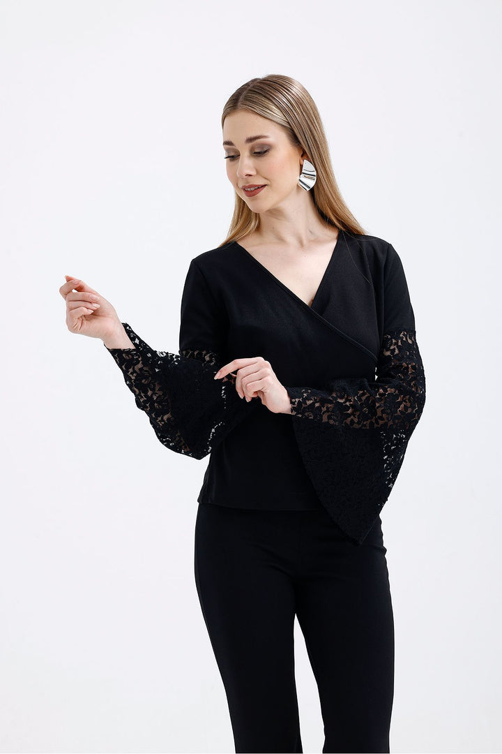 SNS Black Wrap Neck Collar Sleeves Tulle and Ruffled Open Shoulder Blouse - Denton