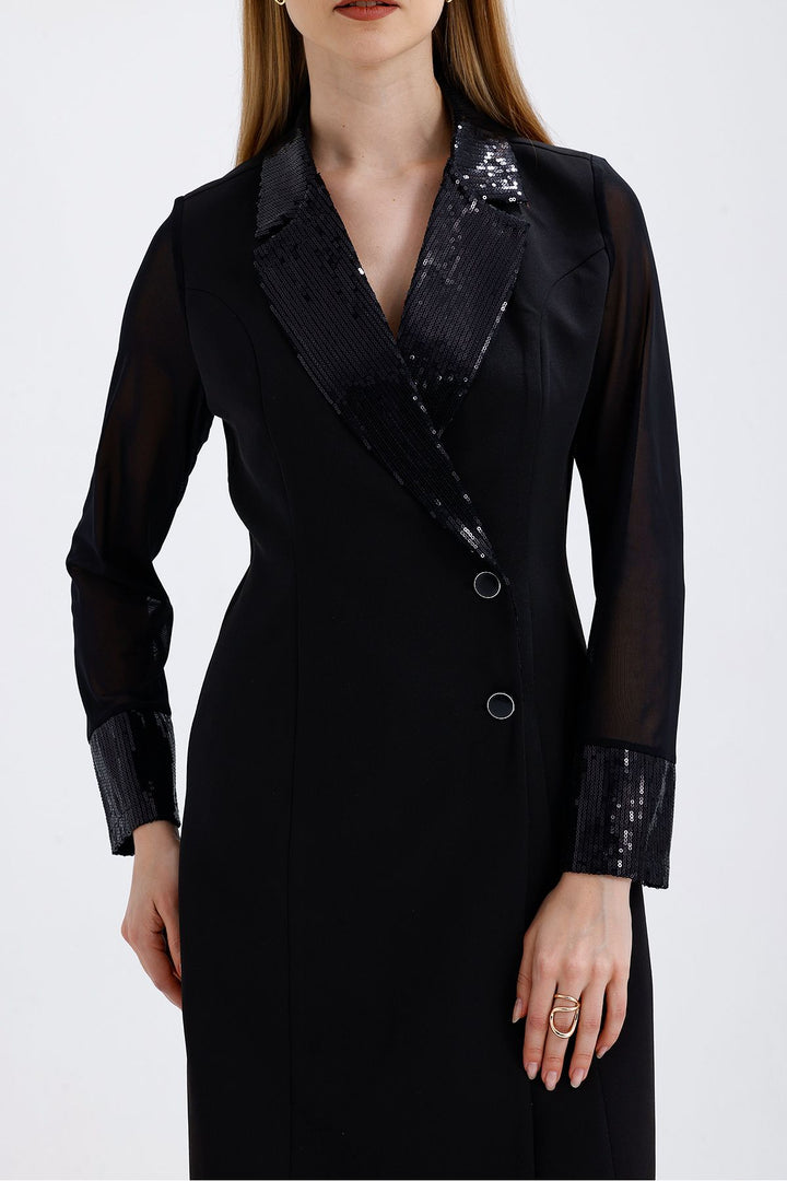 SNS Sense Black Sequin Detailed Evening Jacket Dress - Meridian