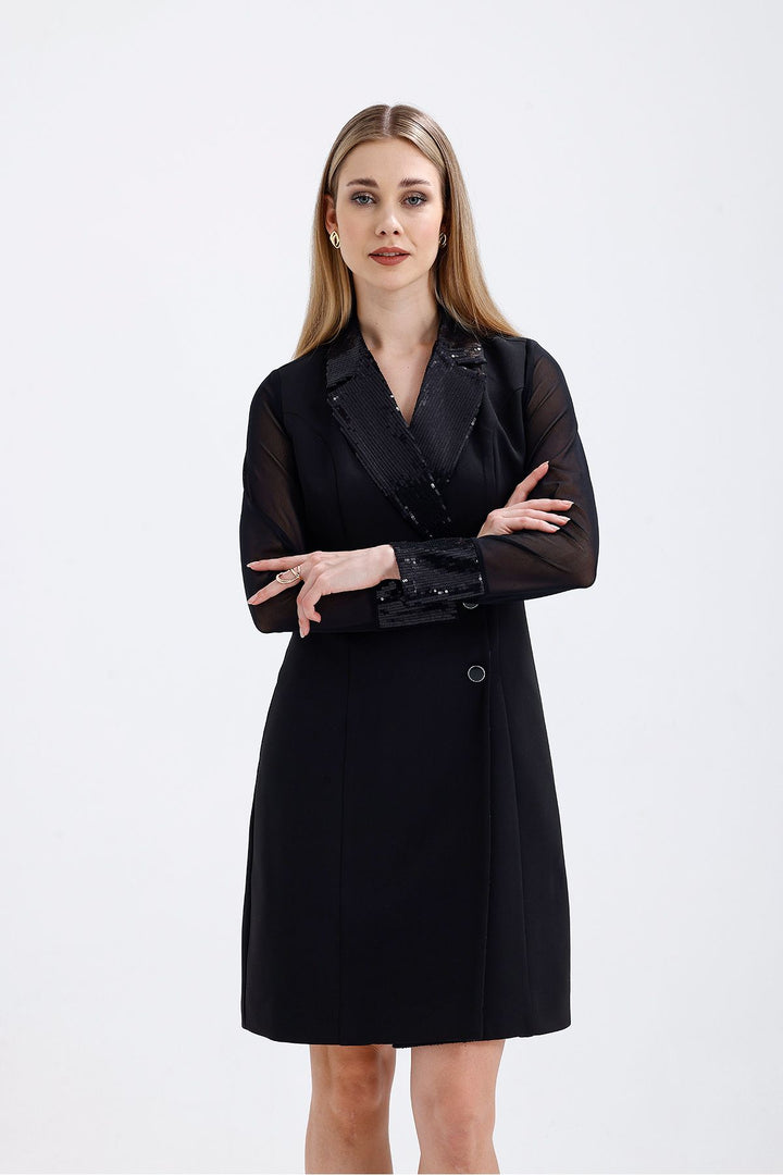 SNS Sense Black Sequin Detailed Evening Jacket Dress - Meridian