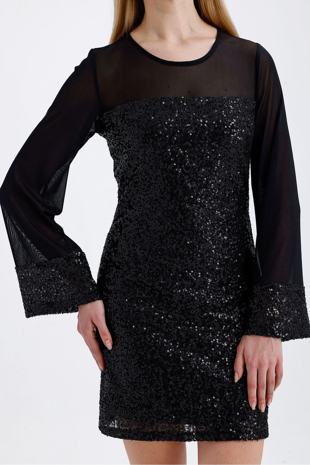 SNS Sense Black Lined Top with Sequin Dress and Sleeves with Lycra Tulle Trim - La Vergne