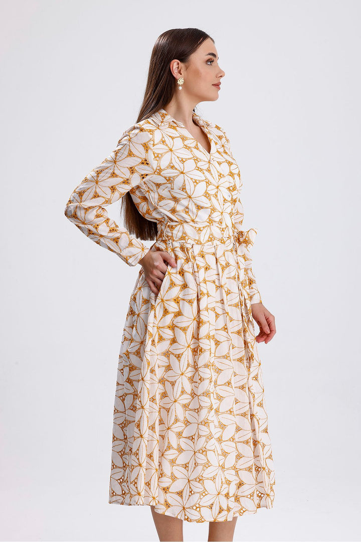SNS Sense Ecru Saffron Waist Belted Buttoned Cardigan Dress - Granadilla de Abona