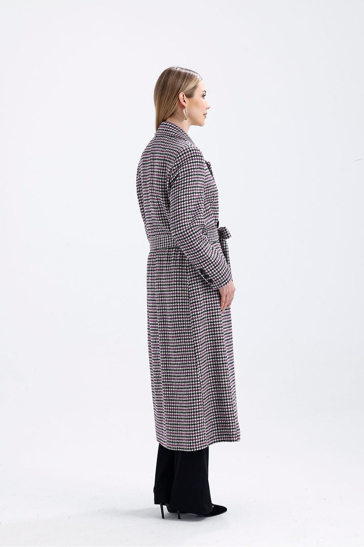 SNS Black Purple Goose Foot Lined Front Buttoned Belted Goose Foot Long Coat - Meaux