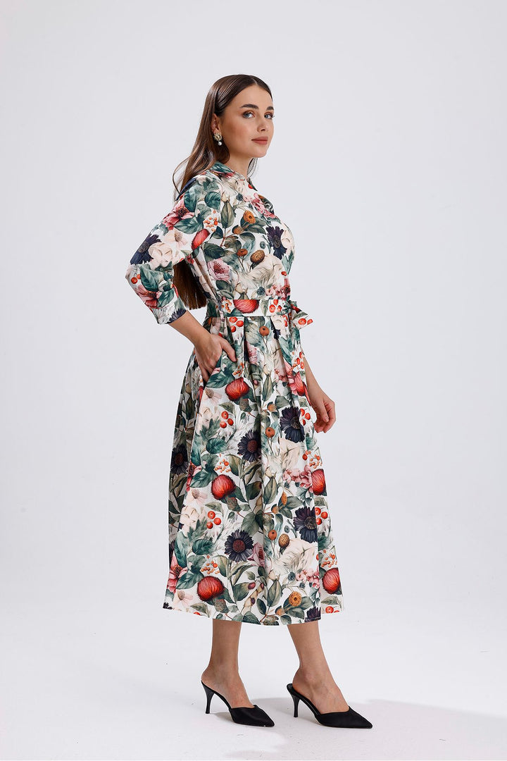 SNS Mixed Flower Patterned Buttoned Front Mixed Flower Printed Long Dress - Victorville