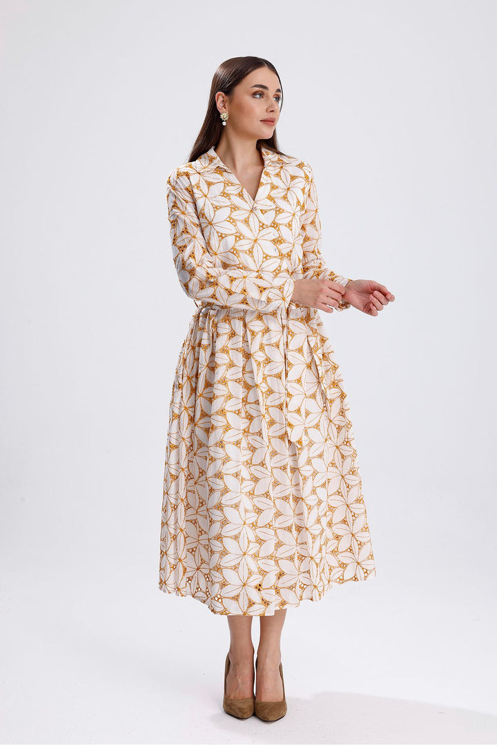 SNS Sense Ecru Saffron Waist Belted Buttoned Cardigan Dress - Granadilla de Abona