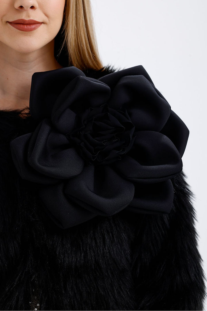 SNS Sense Black Gardenia Detailed Faux Fur Evening Jacket - Gulfport