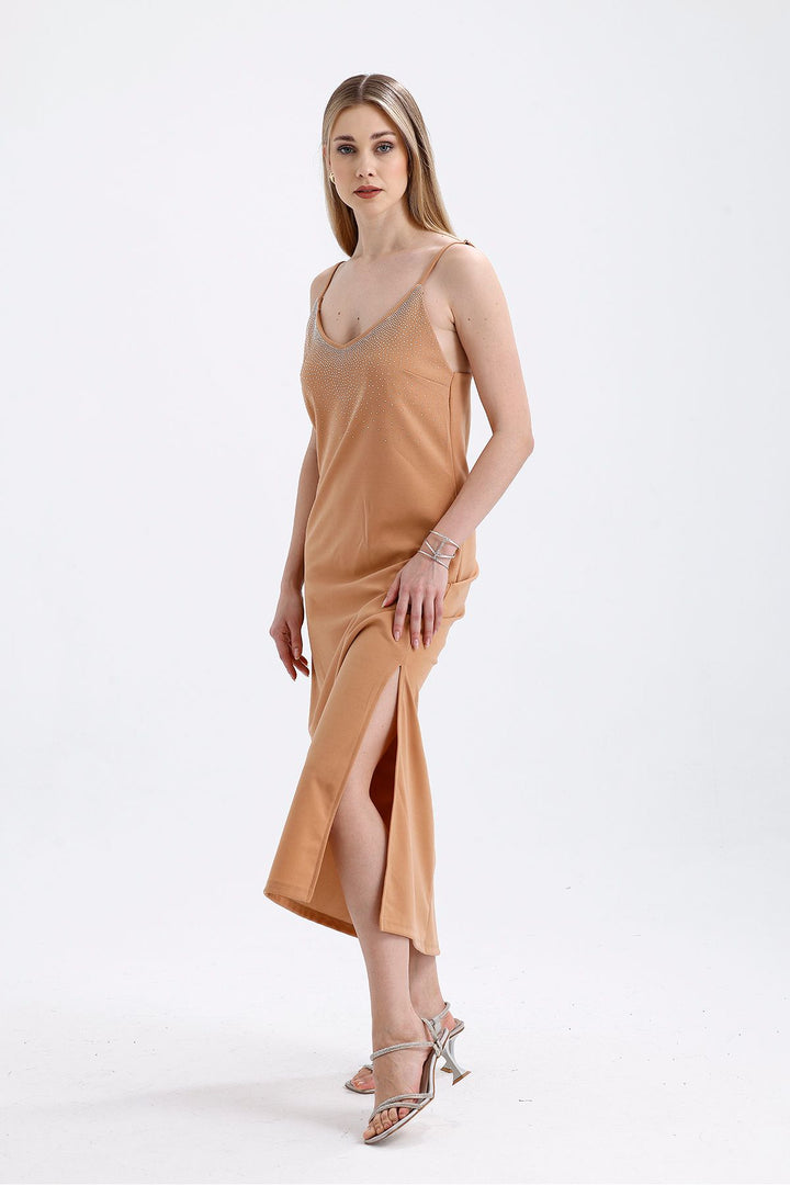 SNS Sense Beige Stone Detailed Long Strappy Dress - Lynwood