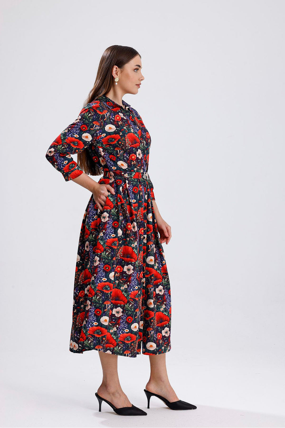 SNS Sense Flower Patterned Side Pocketed Belted Front Buttoned Long Dress - Lake Havasu City