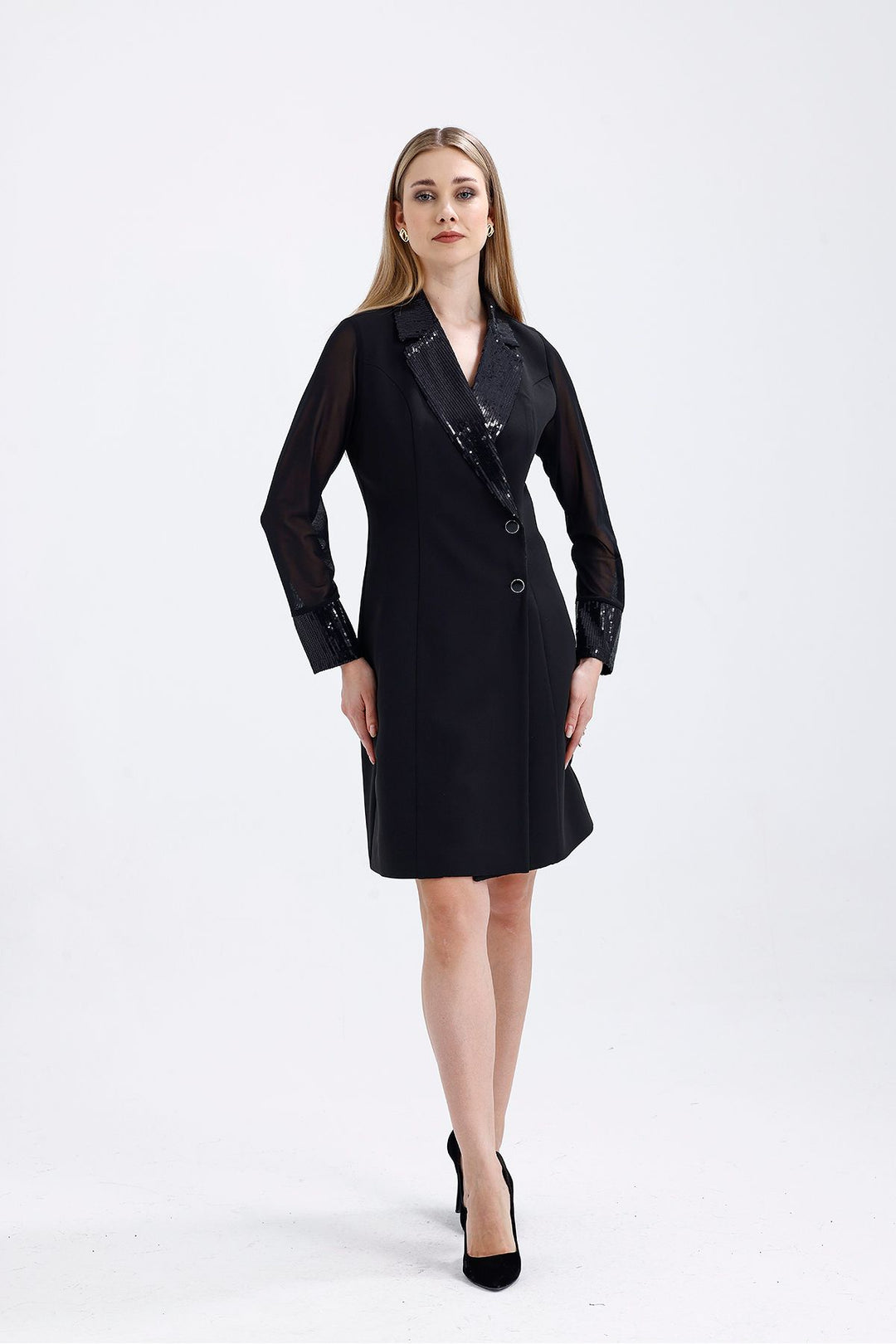 SNS Sense Black Sequin Detailed Evening Jacket Dress - Meridian