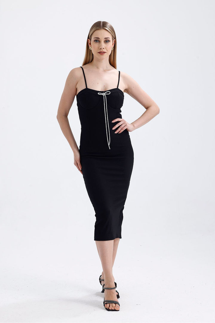 SNS Sense Black Brooch Detailed Hidden Zippered Ottoman Dress with Straps and Gloplu. - Chino