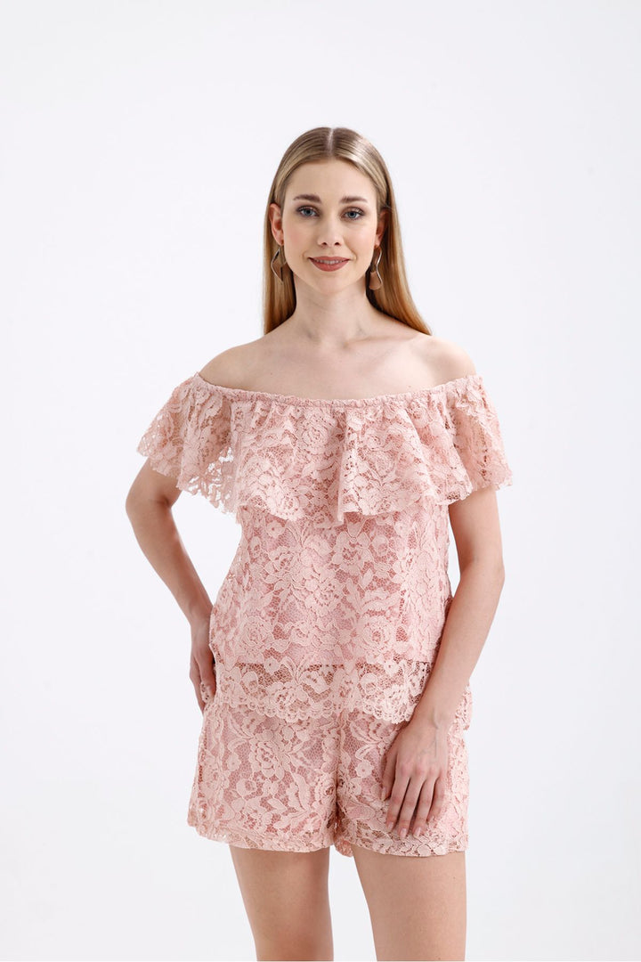 SNS Sense Powder Ruffle Detailed Lined Lace Blouse - Unna