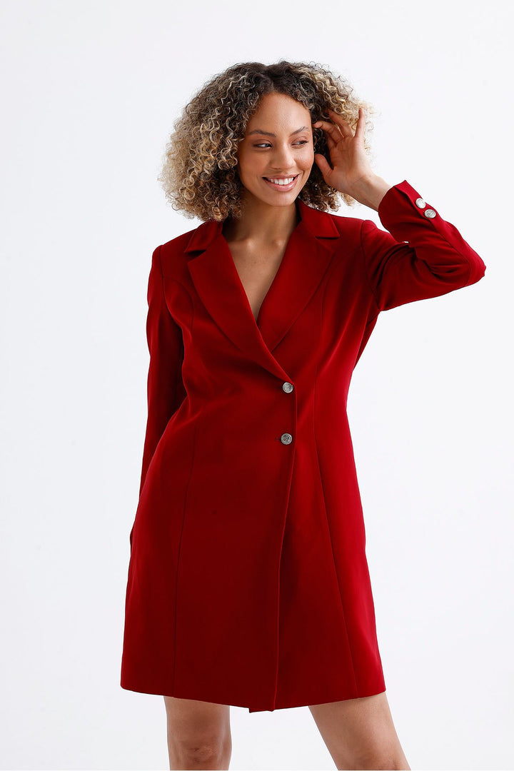 SNS Burgundy Lined Front And Sleeves Metal Buttoned Adriana Jacket Dress - Monrovia